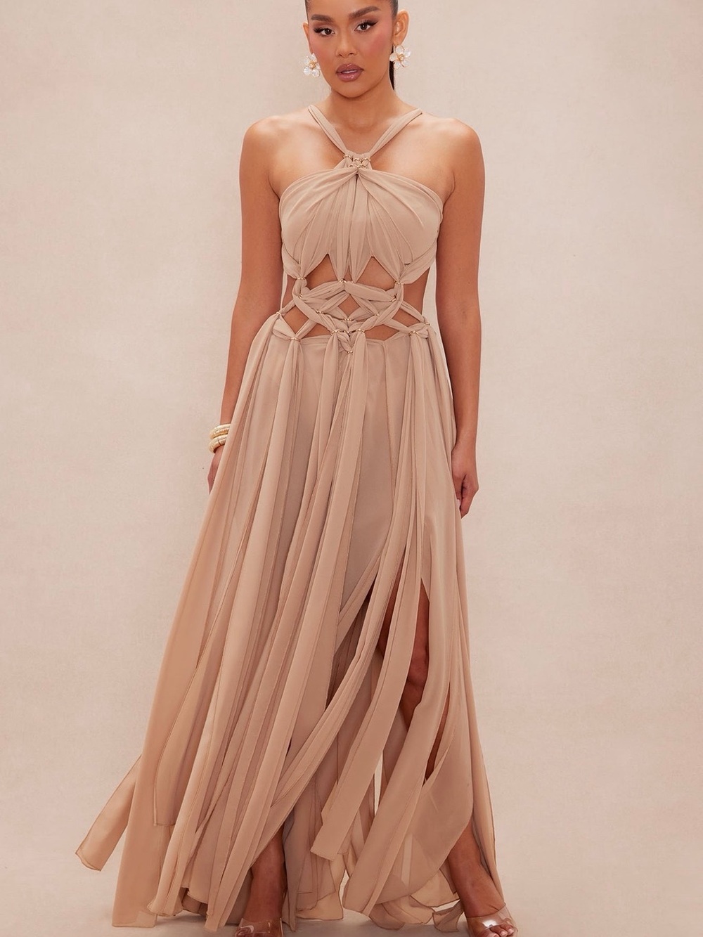Fashion Nova Beige Halter Knot Cutout Maxi Dress